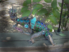 a blue dragon on the railing